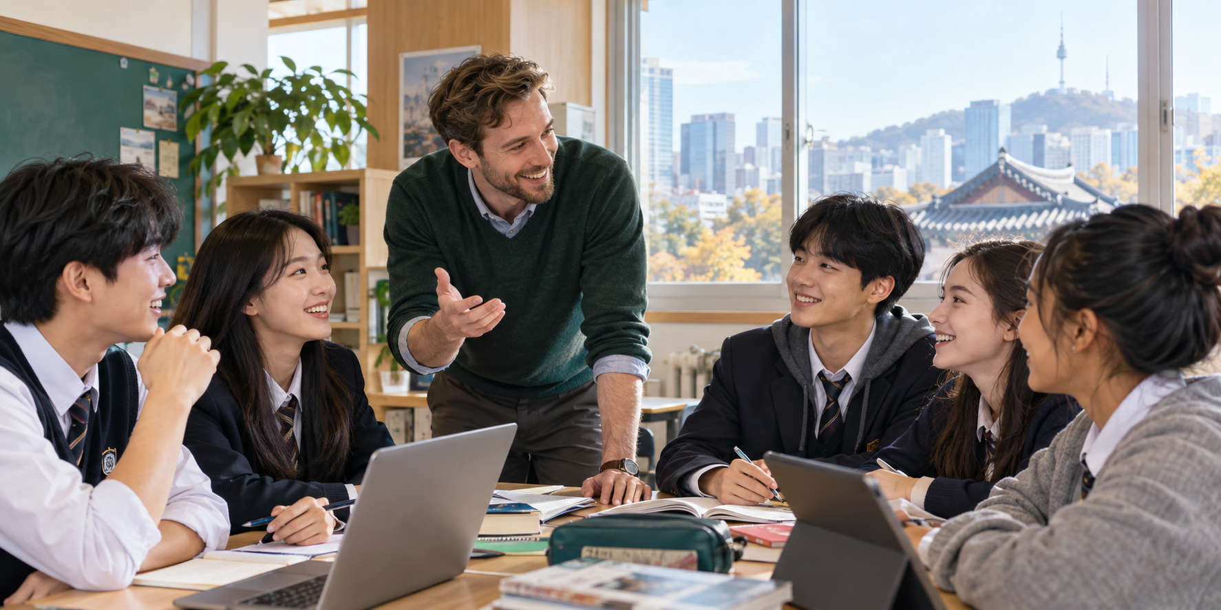 An international educator enjoying a collaborative lesson with students in a Korean classroom